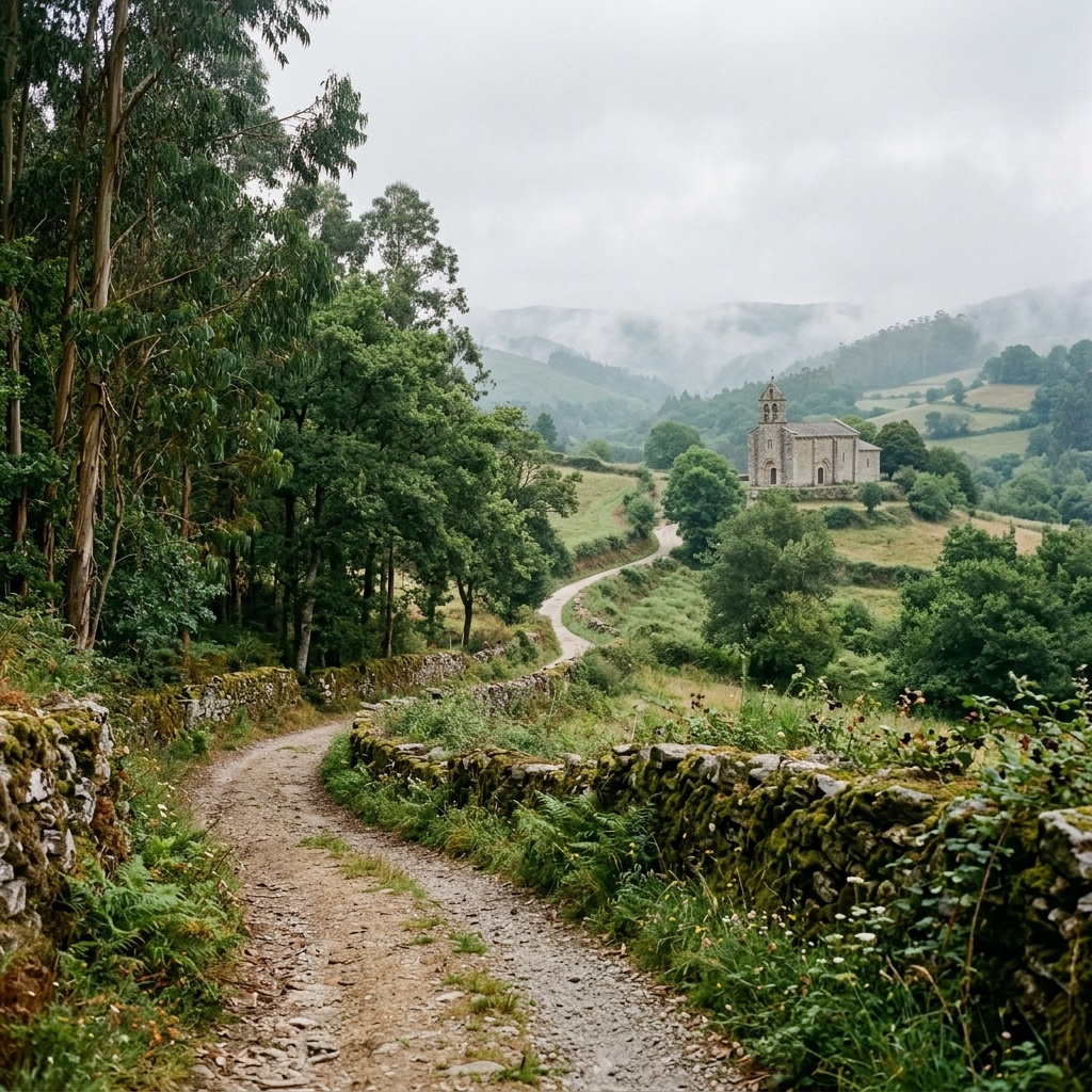 Walking path on the Camino de Santiago winding through green misty hills