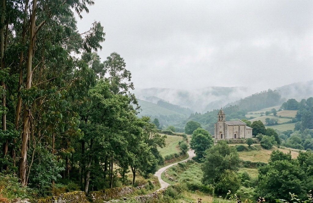 Historic stone courtyard and monastery in Galicia